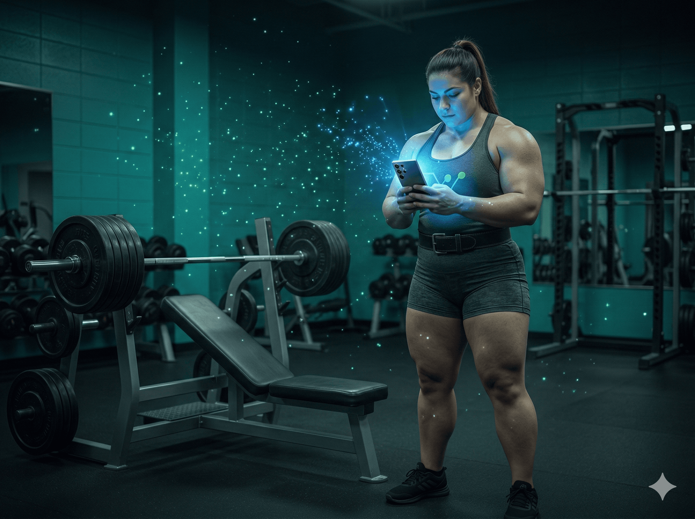 A powerlifter reviews her AI-generated training program on her phone, surrounded by glowing teal particles in a dark gym