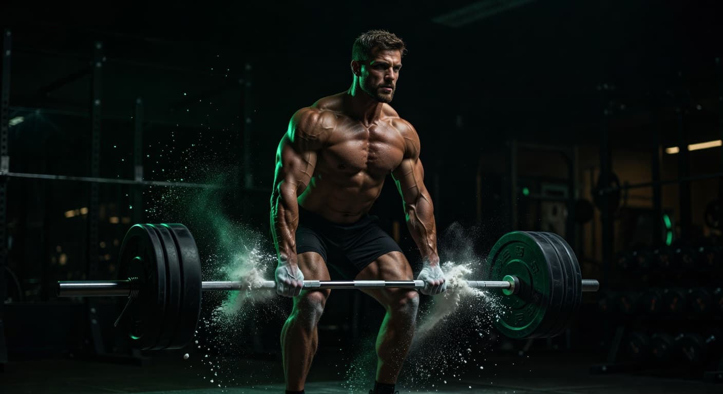 Barbell and weight plates in dramatic green-lit gym setting conveying training intensity