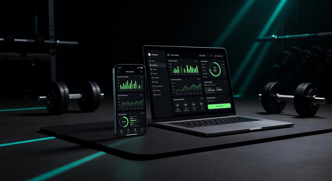 Phone and laptop displaying workout tracking UI in a dark gym with green accent lighting